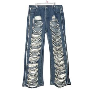 Distressed Denim Y2K Grunge Shredded Ripped Boyfriend Jeans Sz‎ 16 38/31 Trashed